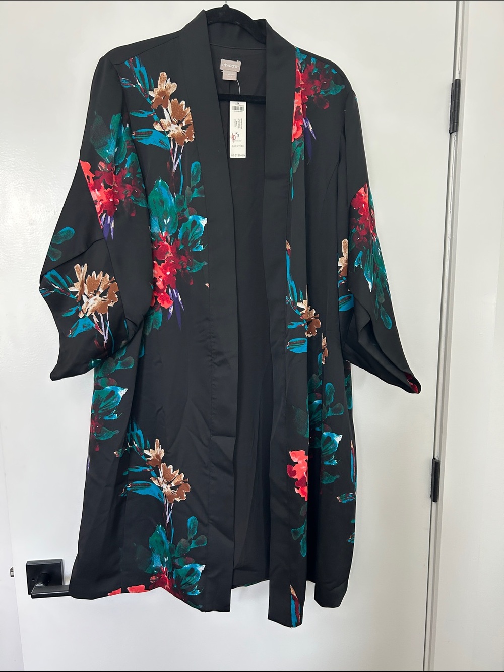 Chico Floral Satin Kimono- Black with Teal & Red Floral